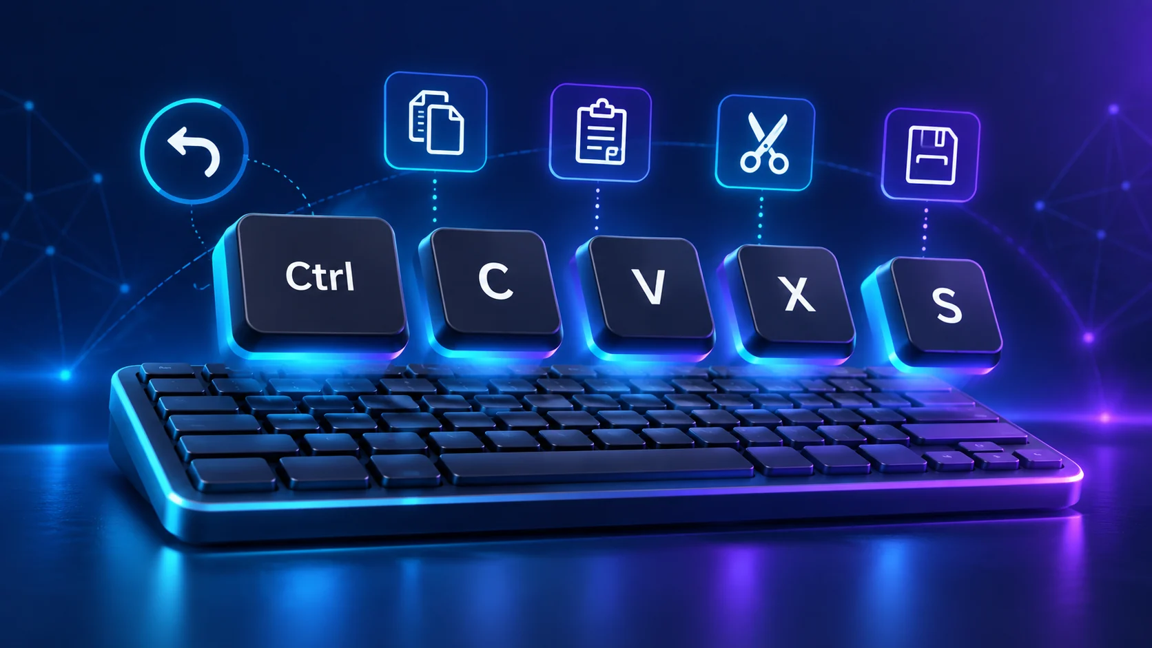 Clavier lumineux avec les touches Ctrl, C, V, X et S et les symboles copier, coller, couper et enregistrer