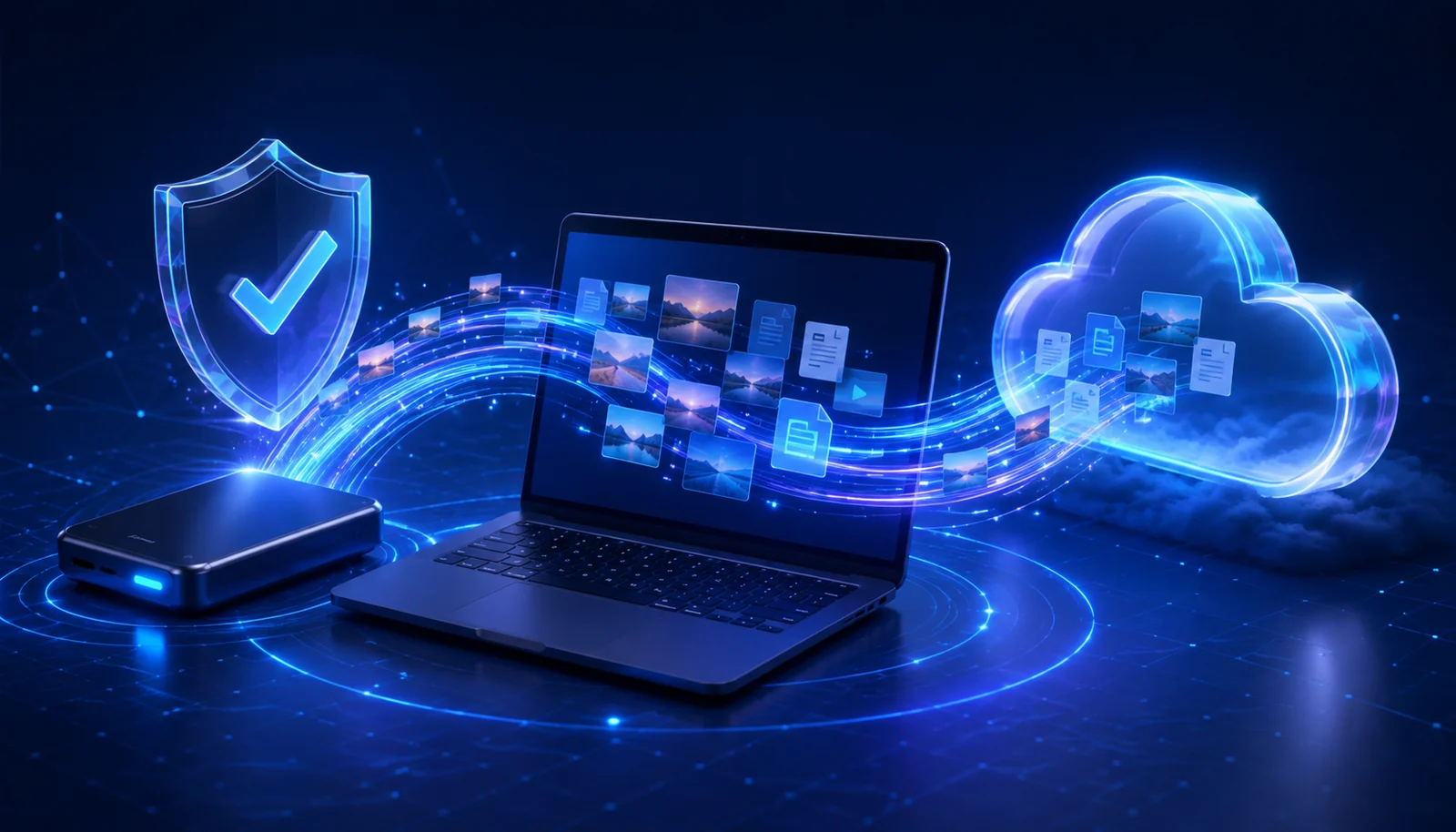 Documents protégés entre un ordinateur, un disque externe et un cloud sécurisé