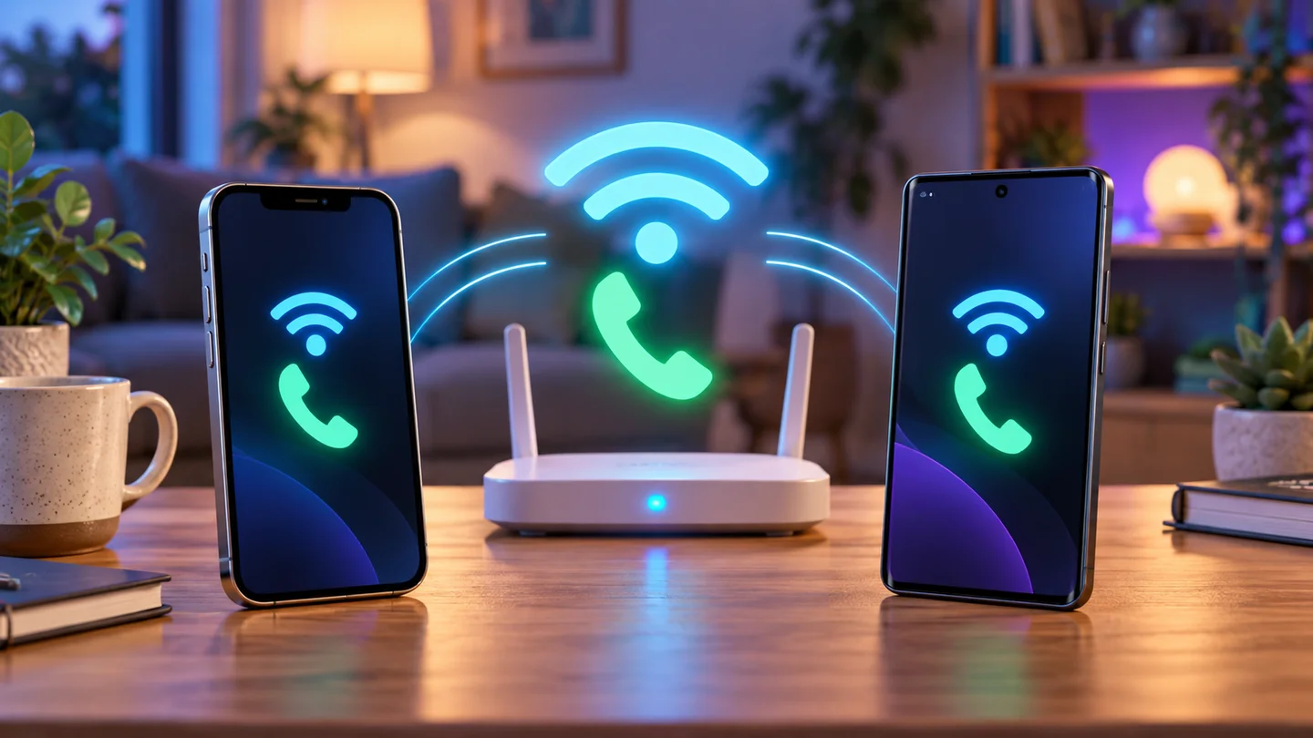 Deux téléphones reliés à une box, avec des symboles Wi-Fi et appel lumineux