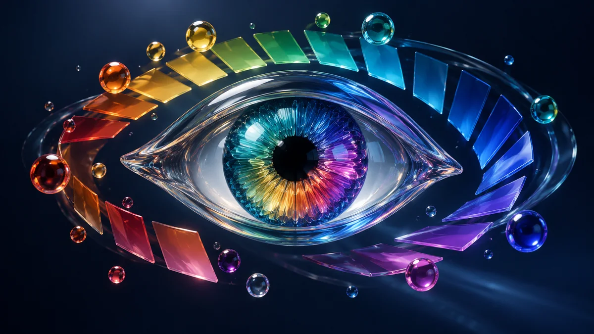 Œil artistique en verre coloré entouré de nuances du spectre