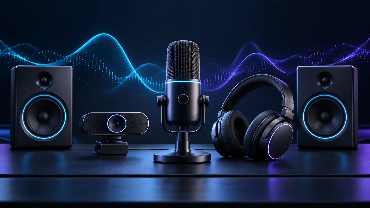 Microphone, webcam et casque dans un studio élégant