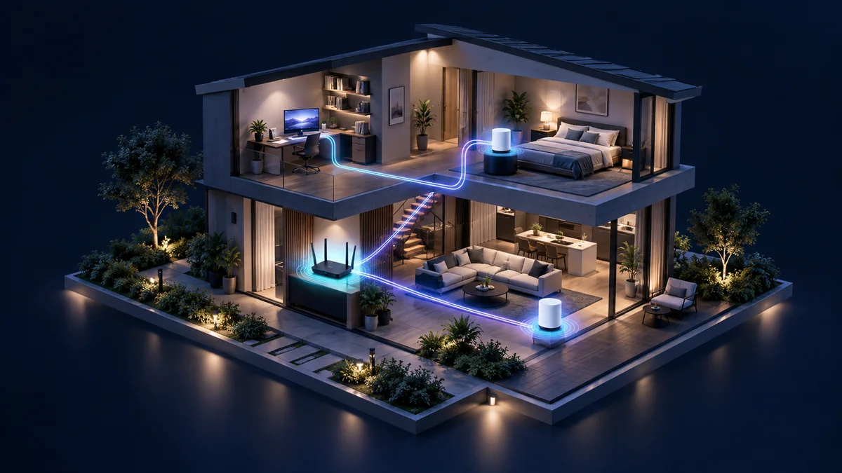 Maison miniature en coupe avec appareils reliés par des chemins lumineux