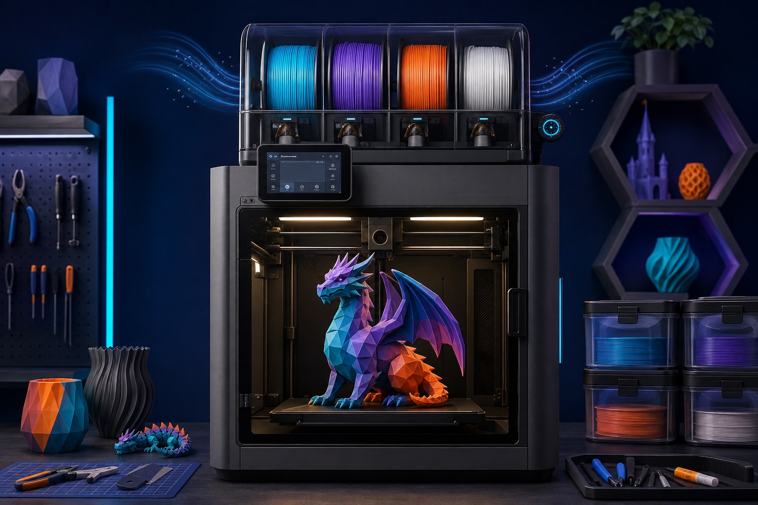 Imprimante 3D fermée avec AMS quatre bobines imprimant un dragon multicolore