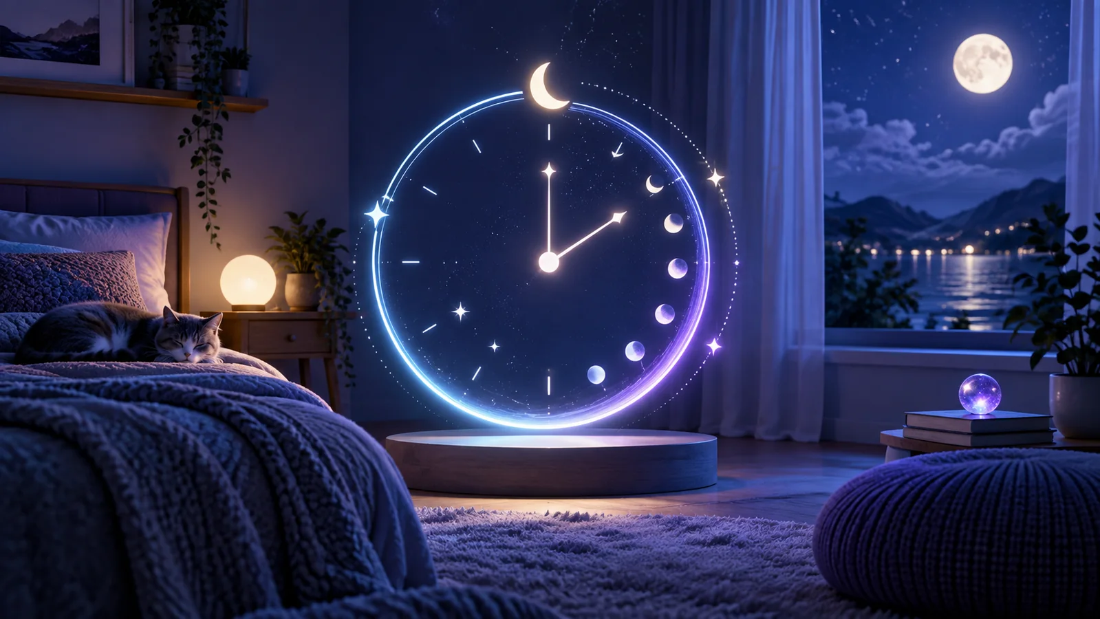 Horloge lumineuse et lune dans une chambre calme
