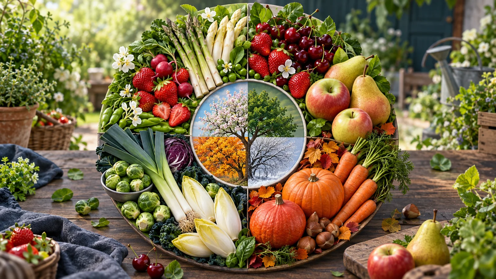 Fruits et légumes disposés autour des quatre saisons