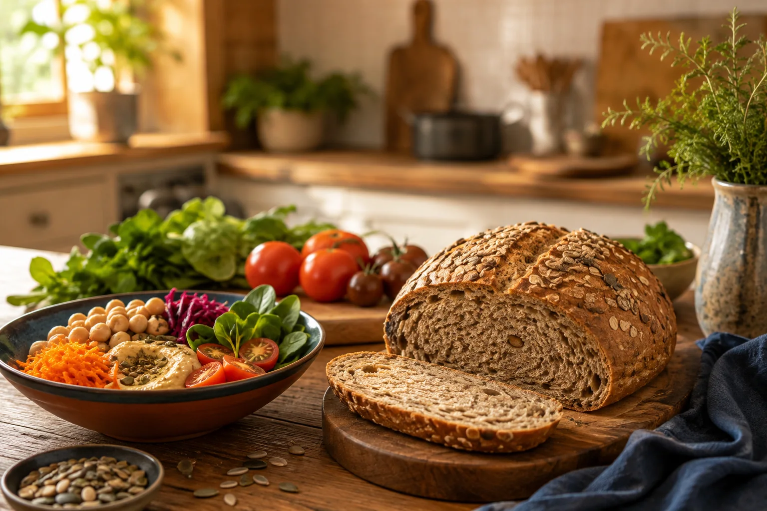Pain complet tranché et repas équilibré dans une cuisine chaleureuse