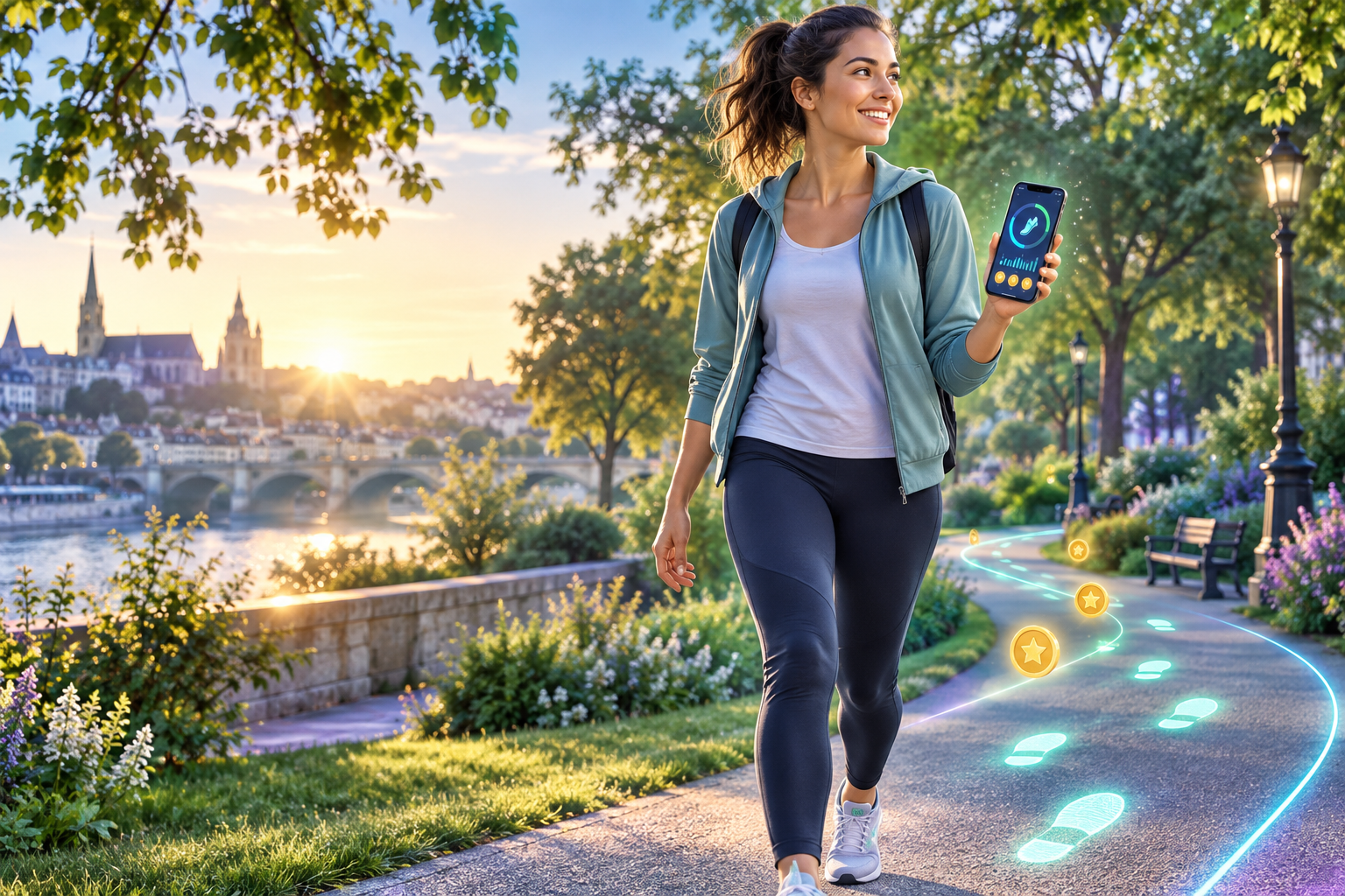 Promeneuse consultant son compteur de pas sur un téléphone dans un parc