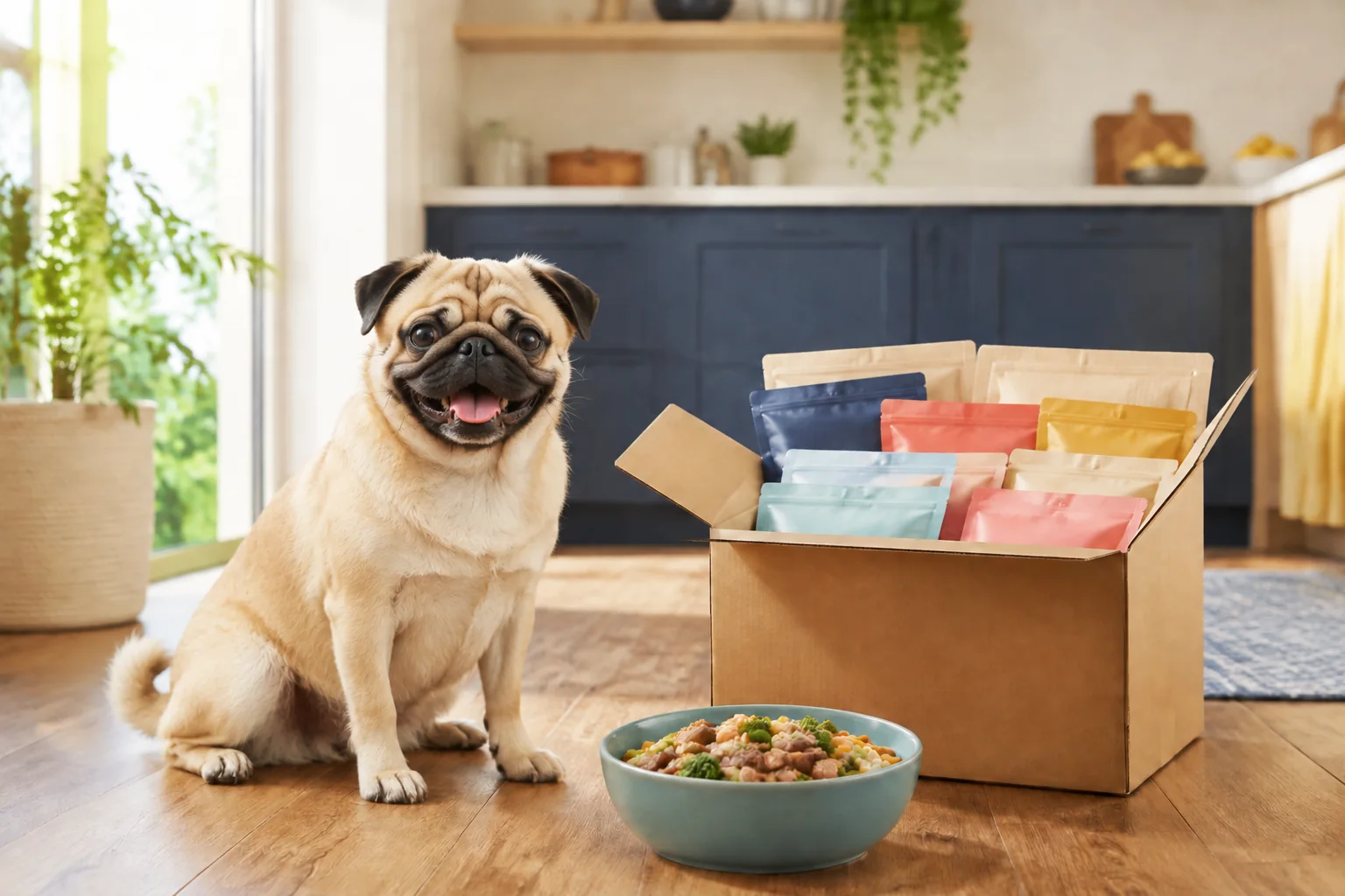 Carlin heureux avec une box de repas frais, des sachets et une gamelle