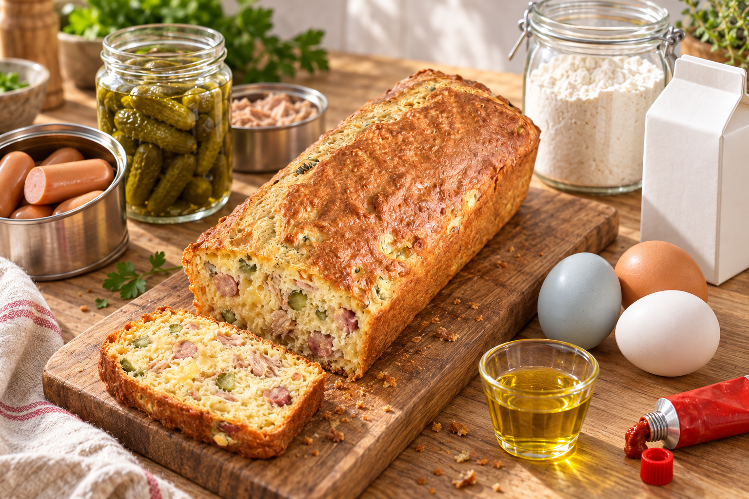 Cake salé maison aux saucisses TV, thon et cornichons, avec les ingrédients dans un décor de cuisine anonyme