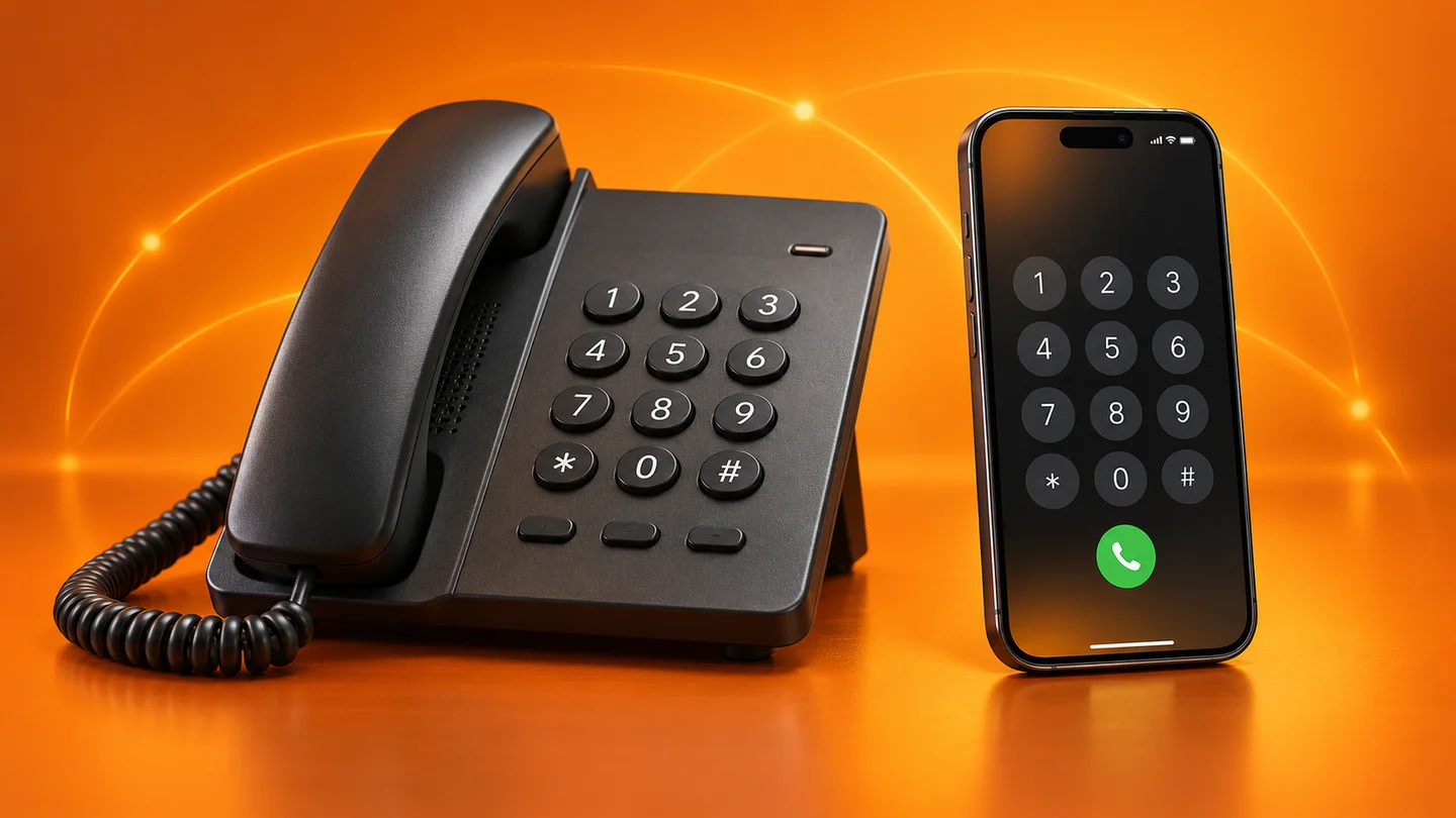 Téléphone fixe et smartphone sur un fond orange
