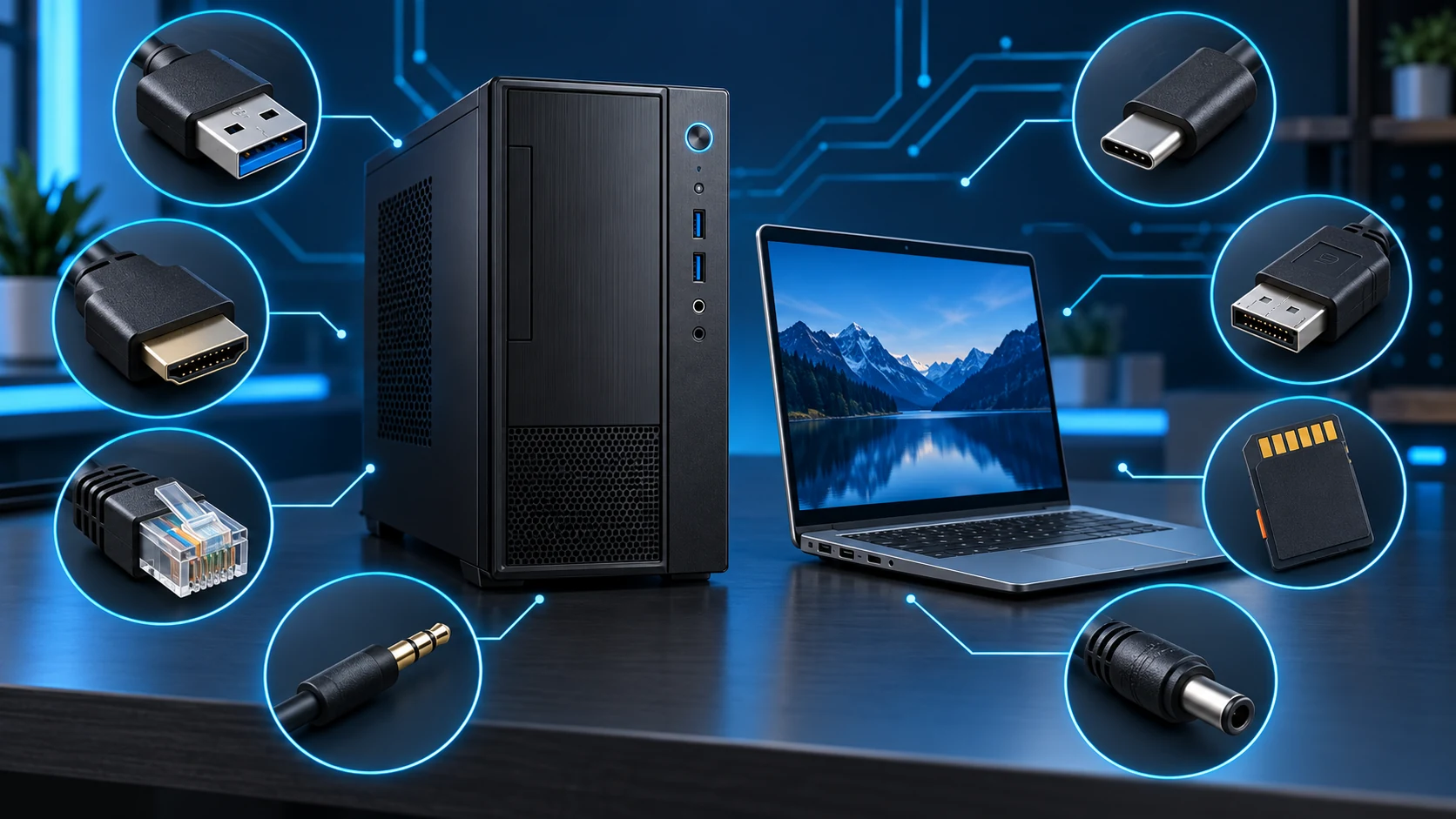 Ordinateur de bureau et portable entourés de connecteurs USB, HDMI, DisplayPort, Ethernet, audio, alimentation et carte mémoire