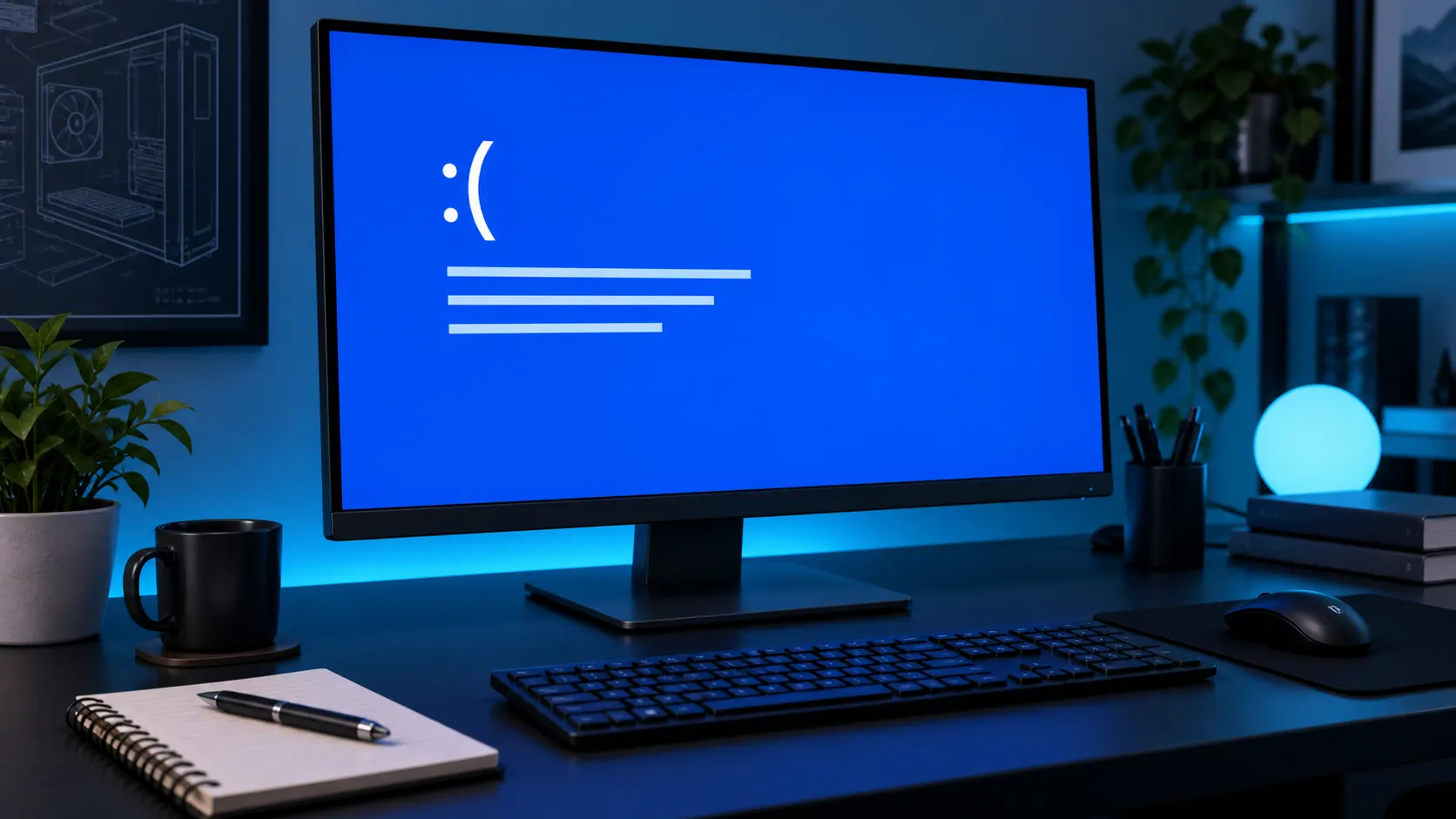 Illustration d’un écran bleu Windows sur un moniteur, sans code d’erreur réel
