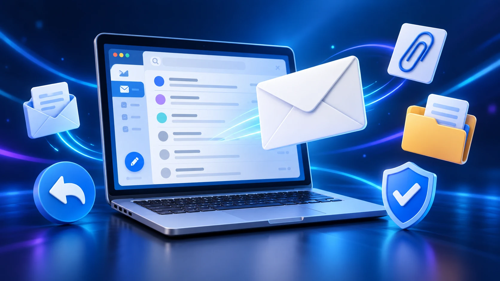 Ordinateur affichant une boîte e-mail entourée d’une enveloppe, d’une pièce jointe, d’un dossier et d’un bouclier