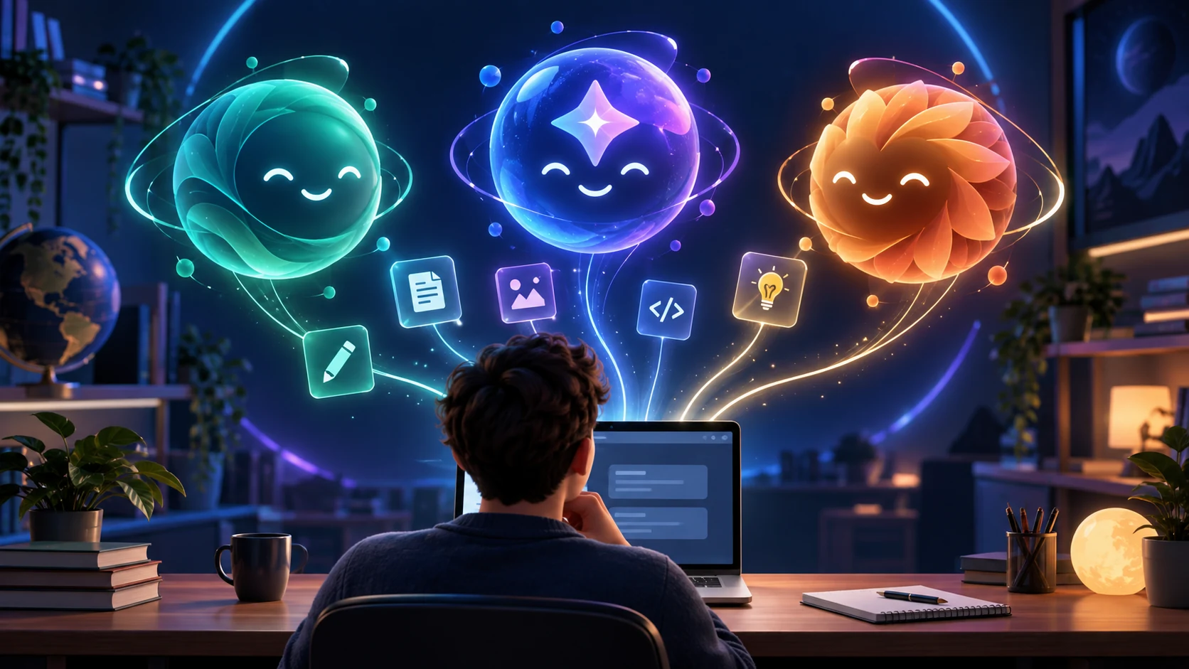 Personne devant un ordinateur échangeant avec trois assistants d’intelligence artificielle complémentaires