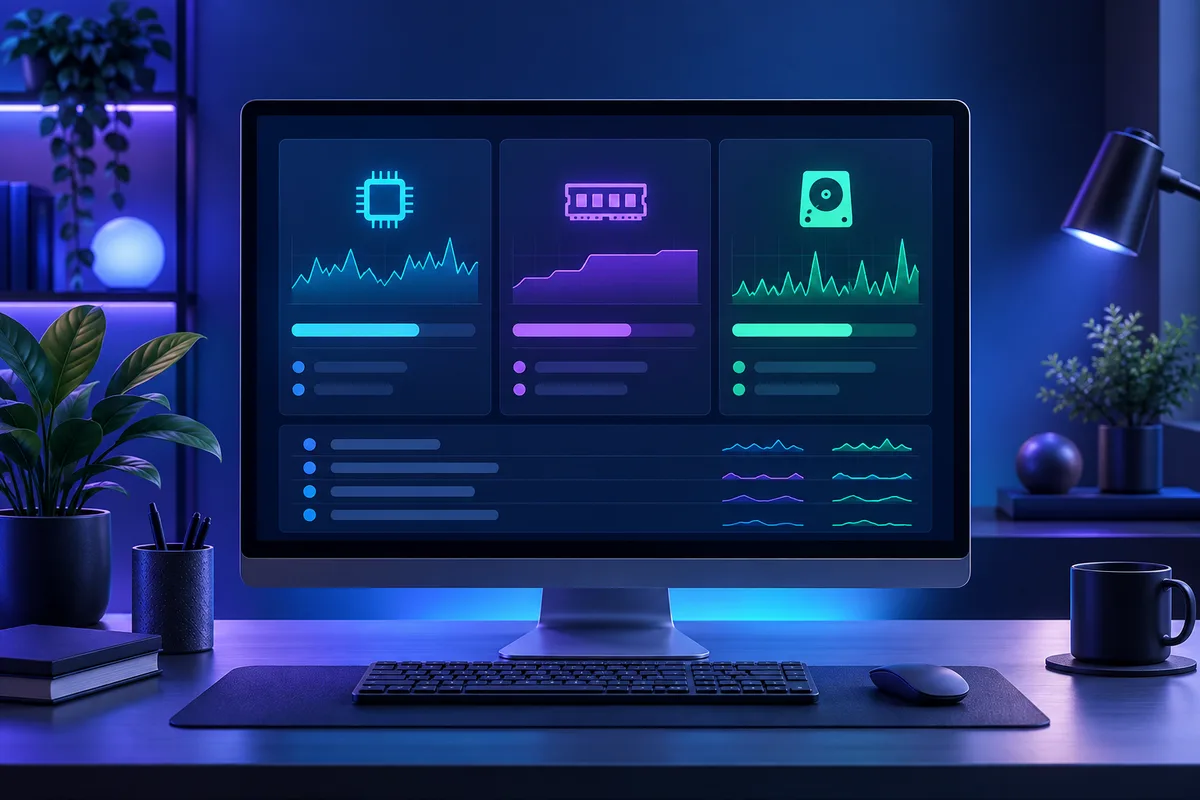 Écran de diagnostic montrant les graphiques du processeur, de la mémoire et du disque