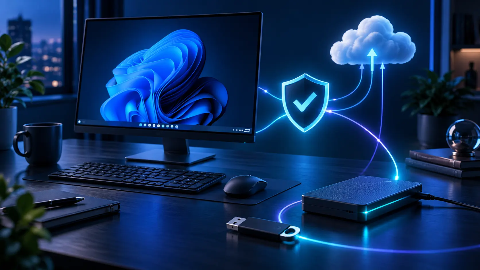 Ordinateur avec disque de sauvegarde, clé USB et protection des données