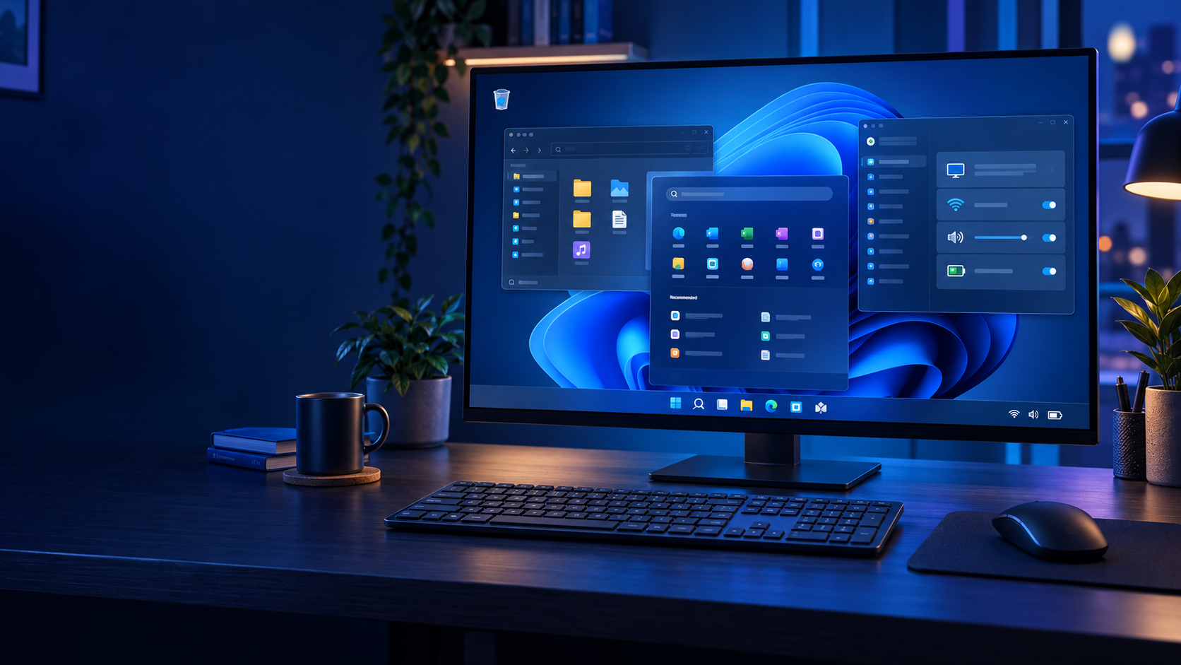 Ordinateur affichant le Bureau, le menu Démarrer, l’Explorateur et les réglages rapides de Windows 11