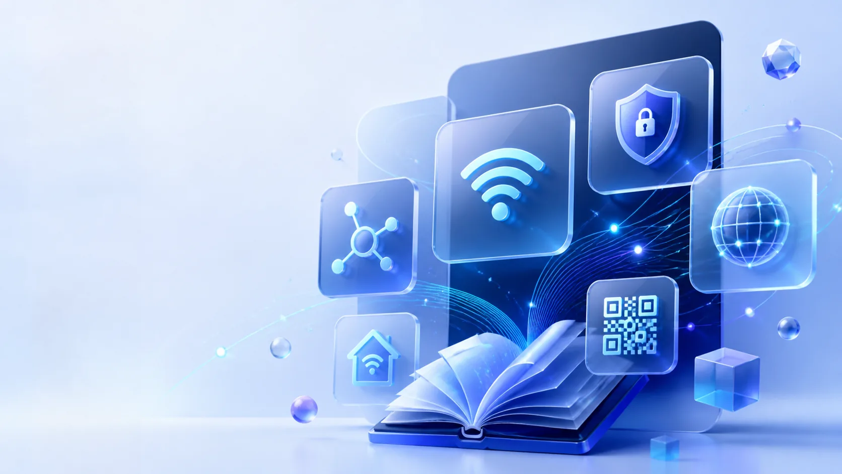 Illustration du lexique numérique : Wi-Fi, réseau, sécurité, QR code et domotique