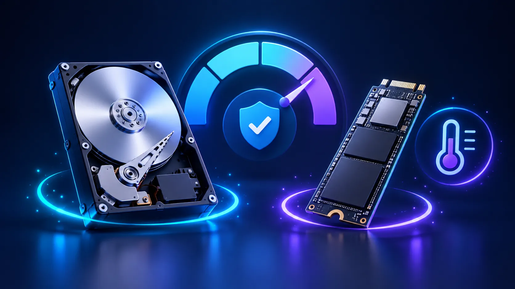 Illustration d’un disque dur et d’un SSD avec une jauge de santé et un indicateur de température