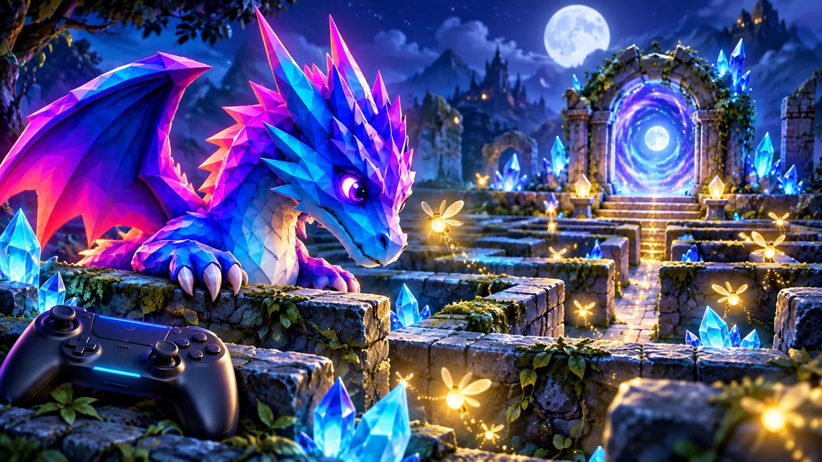 Le Dragon bleu et violet explore un labyrinthe enchanté éclairé par des lucioles, devant un portail de lune