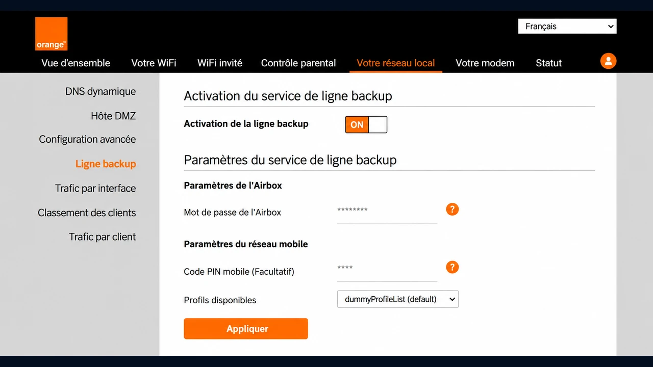 Écran Ligne backup avec le bouton ON et les champs du mot de passe Airbox et du code PIN