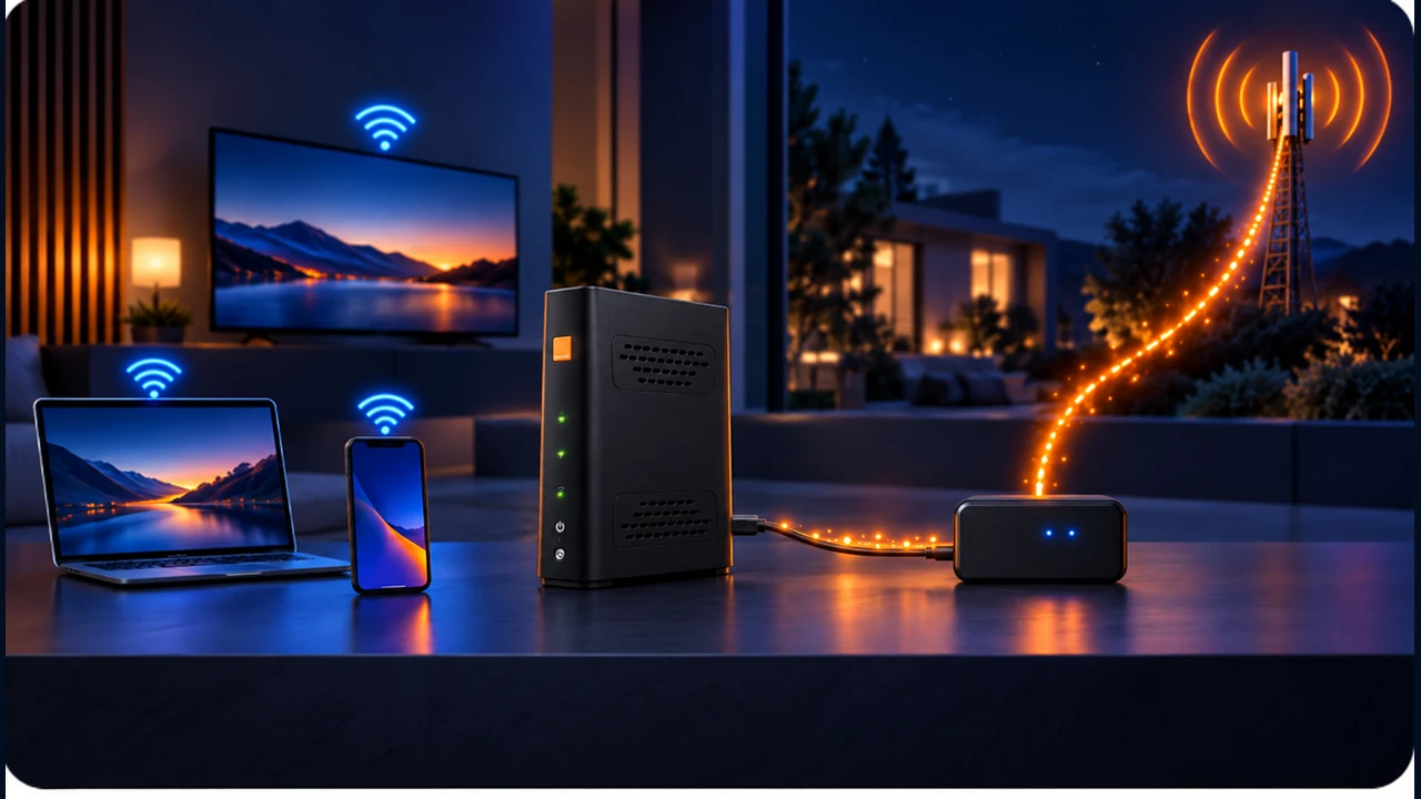 Modem domestique relié à une Airbox qui maintient la connexion grâce au réseau mobile 4G