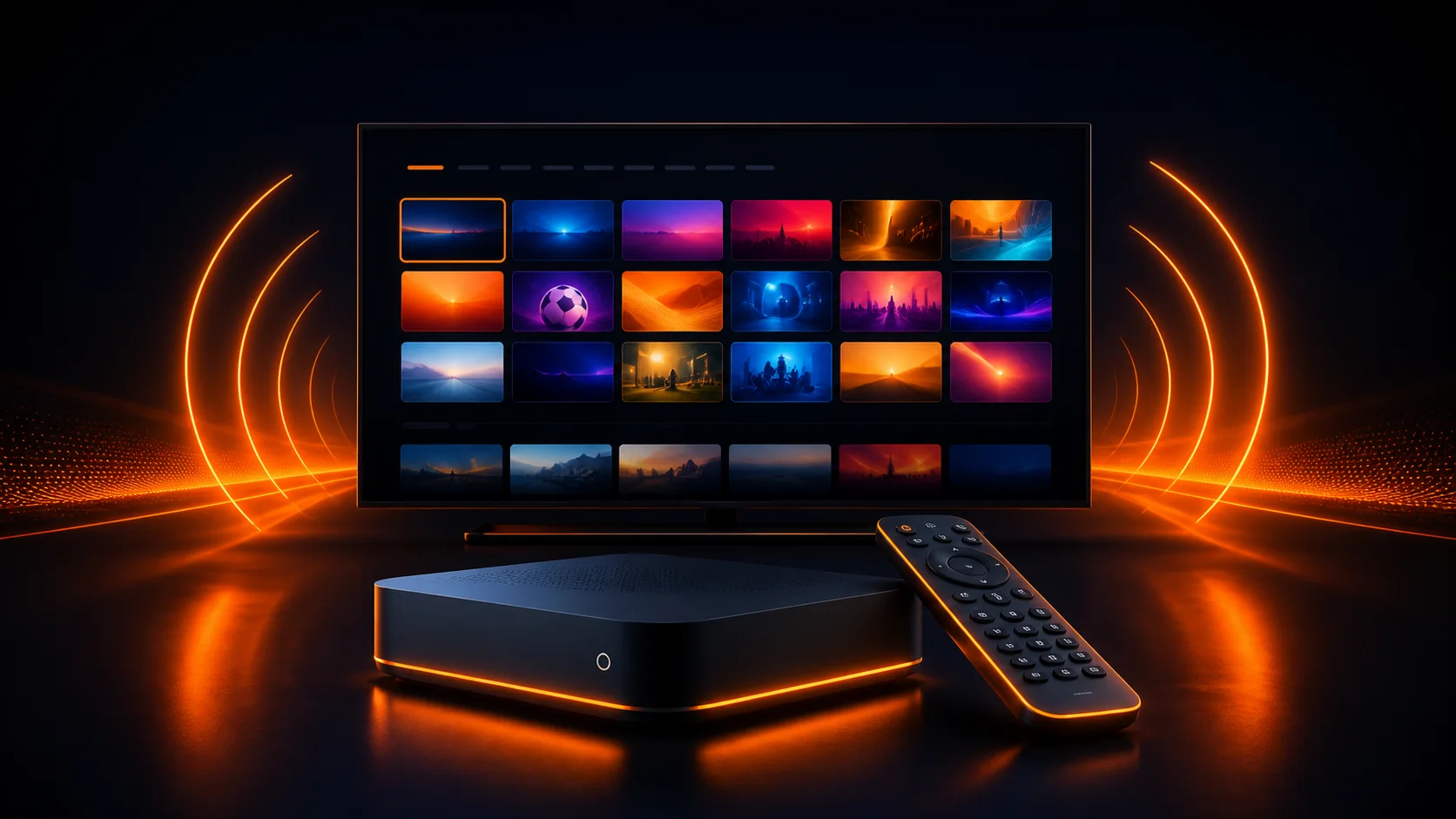 Décodeur, télécommande et télévision illustrant la recherche des chaînes Orange