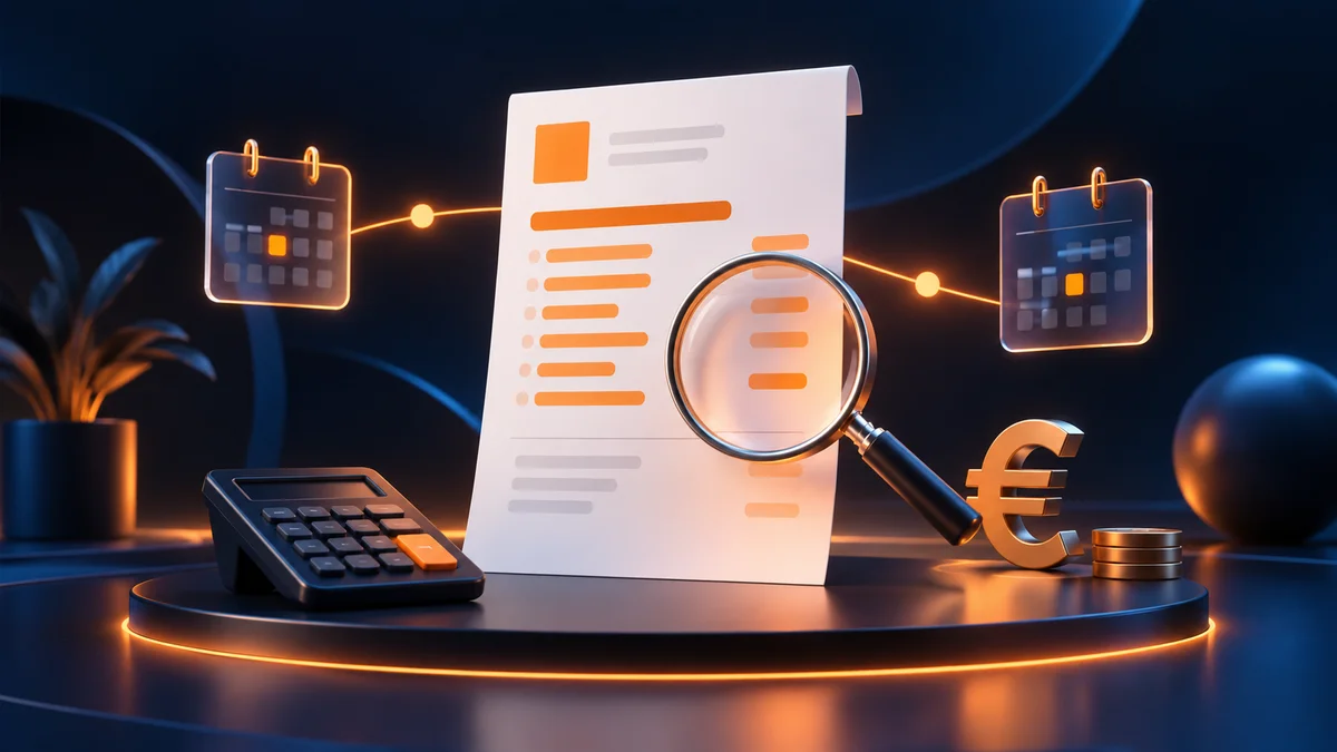 Illustration d’une facture, de calendriers et d’une calculatrice dans un décor technologique orange et bleu