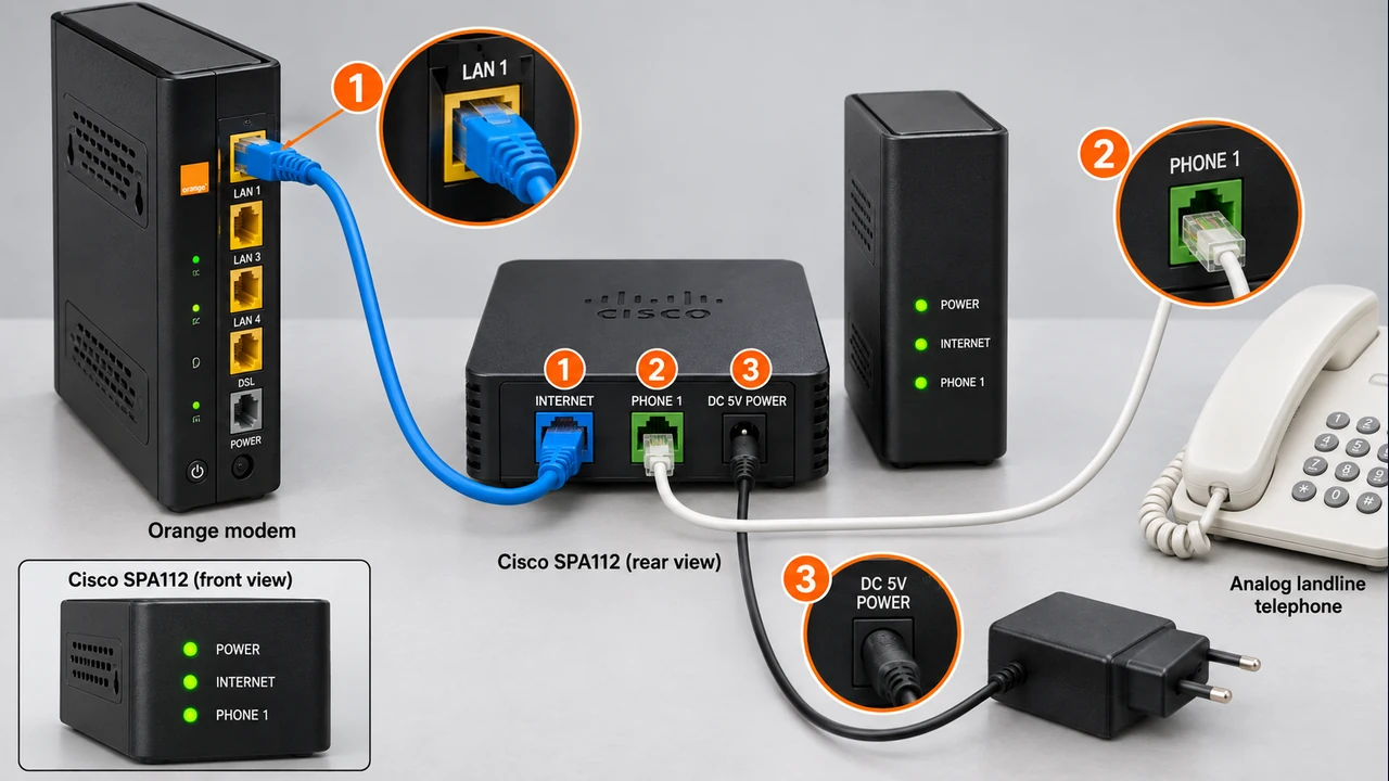 Schéma des ports LAN 1, INTERNET, PHONE 1 et alimentation du Cisco SPA112