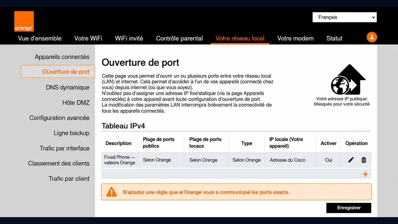 Page d’ouverture de port du modem avec les informations sensibles masquées