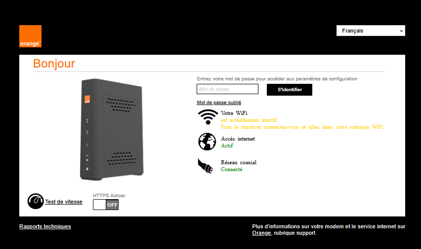 Lien Rapports techniques en bas de l’interface française Orange