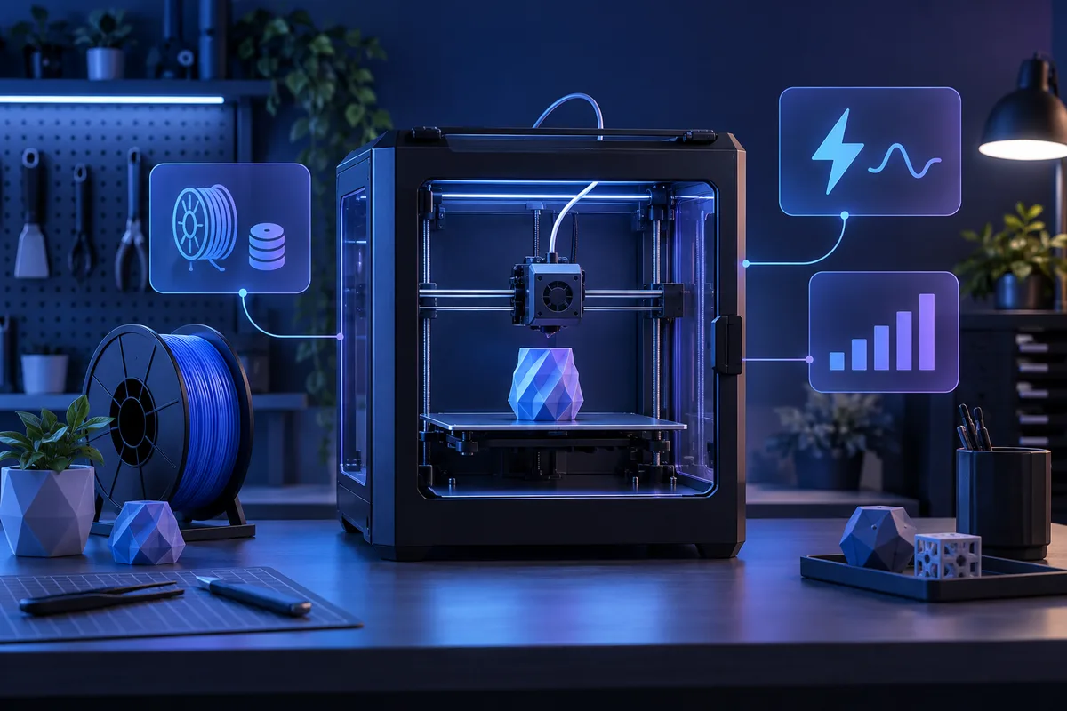 Imprimante 3D, bobine de filament et symboles de consommation électrique et de coût