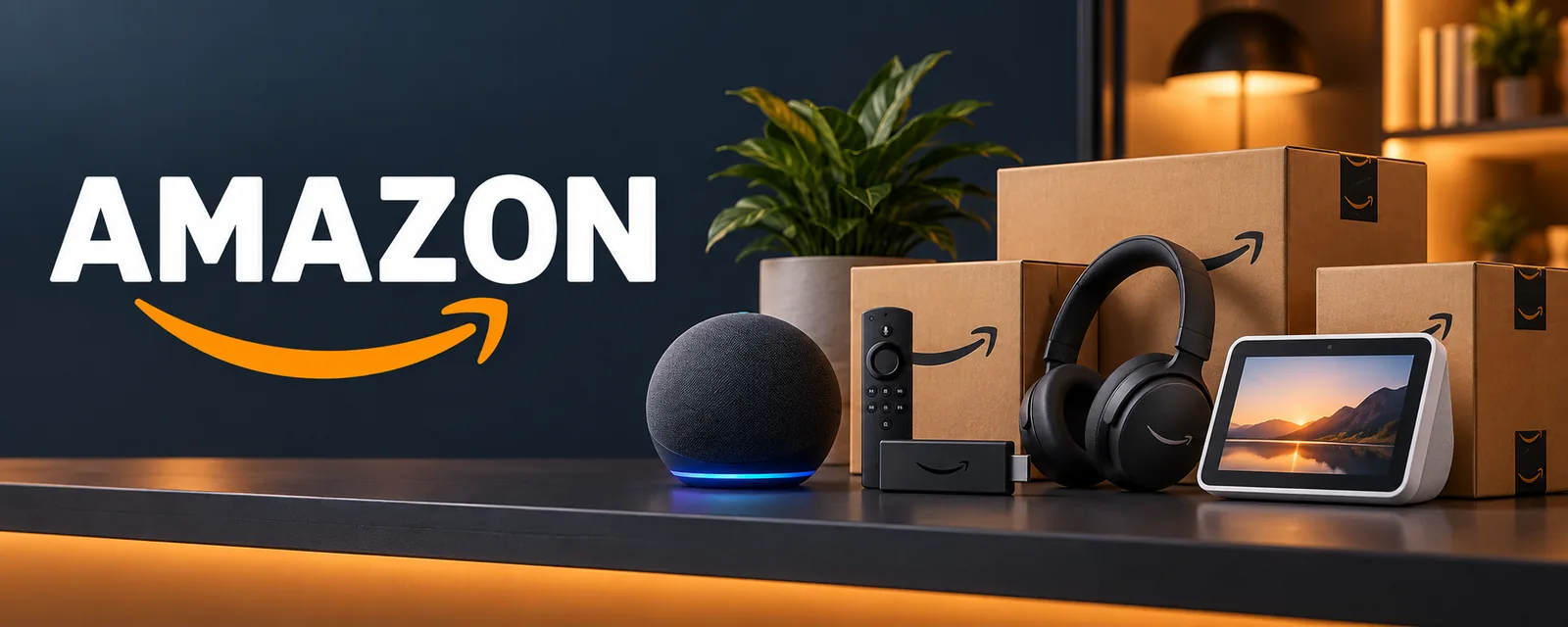 Bandeau Amazon noir et orange : sélection de produits technologiques