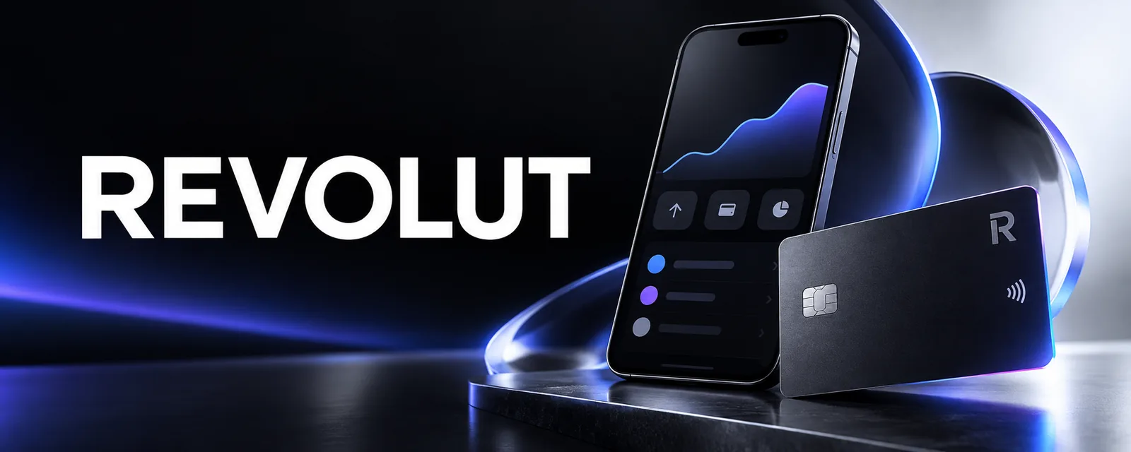 Bandeau Revolut noir : application financière et carte de paiement