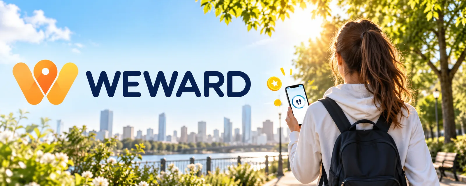 Bandeau WeWard bleu et jaune : marche et récompenses