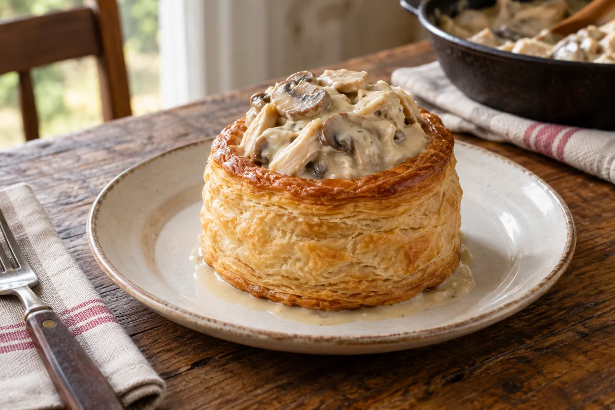 Vol-au-vent maison garni de poulet effiloché, de champignons et de sauce au bouillon