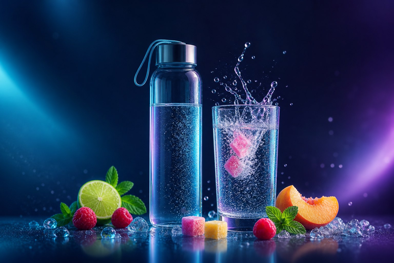 Gourde réutilisable, verre d’eau pétillante, fruits et cubes d’hydratation dans l’univers visuel de SK Portal
